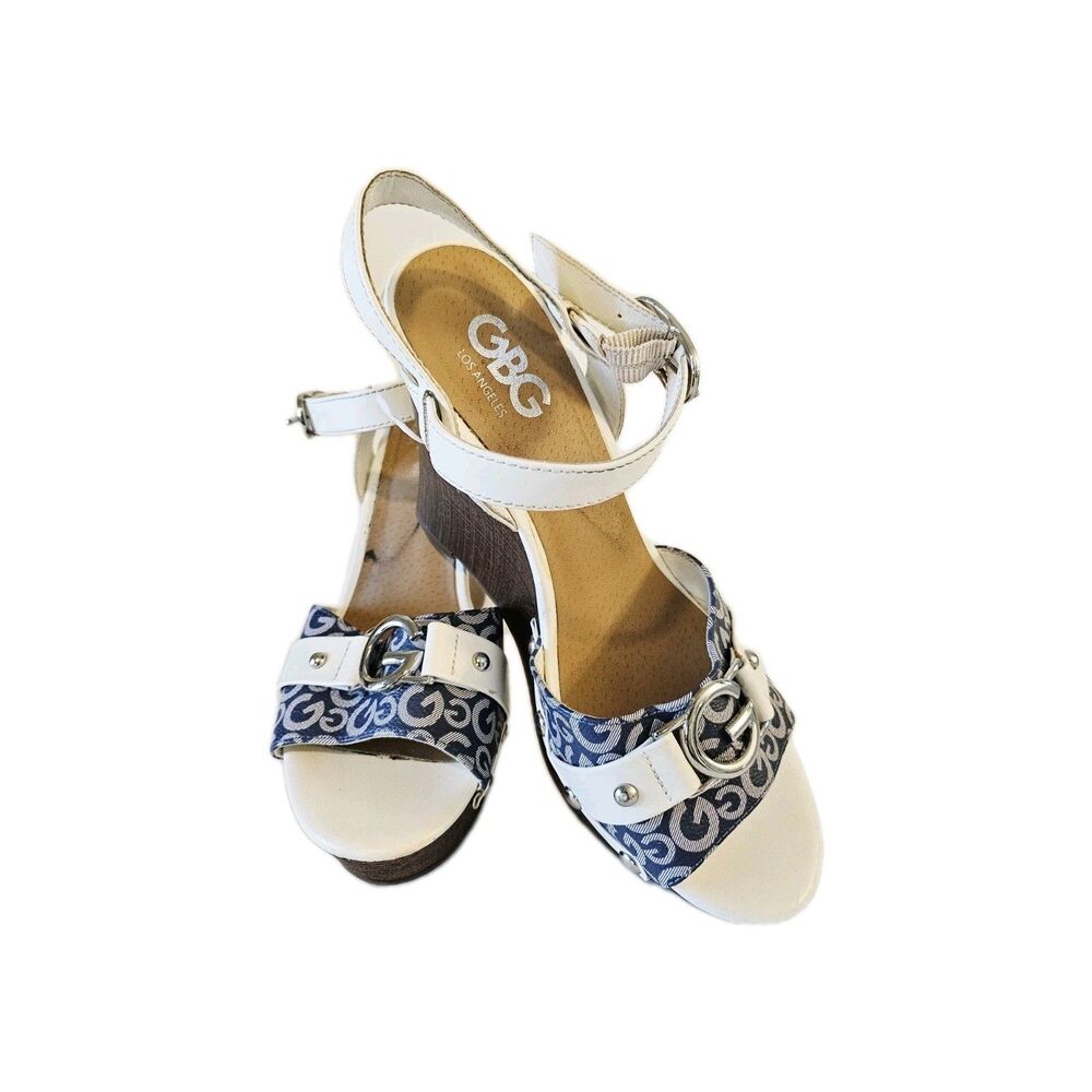 GBG Los Angeles by GUESS Women's Blue Monogram Platform Wedge Sandals